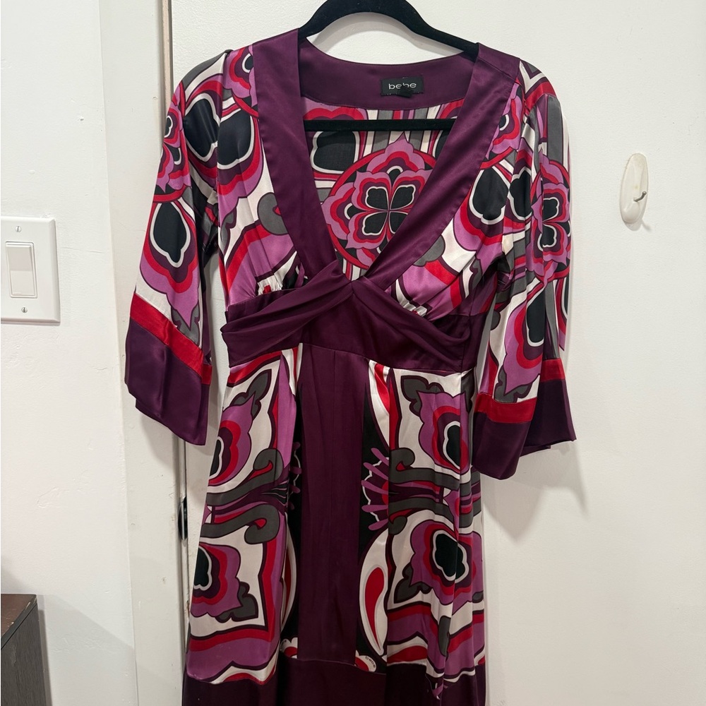 Bebe Purple Red and Pink V-Neck Bell Sleeve Sundress